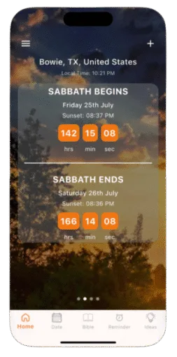 The Sabbath App home screen showing Sabbath begins and ends countdowns